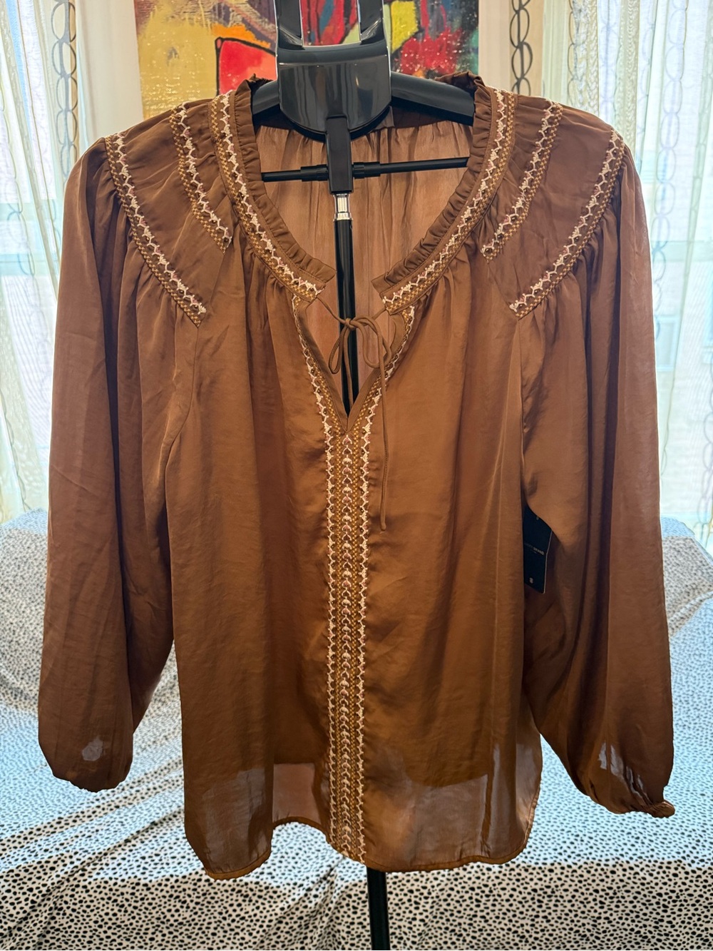 Lucky Brand Brown Embroidered Peasant Blouse NWT
